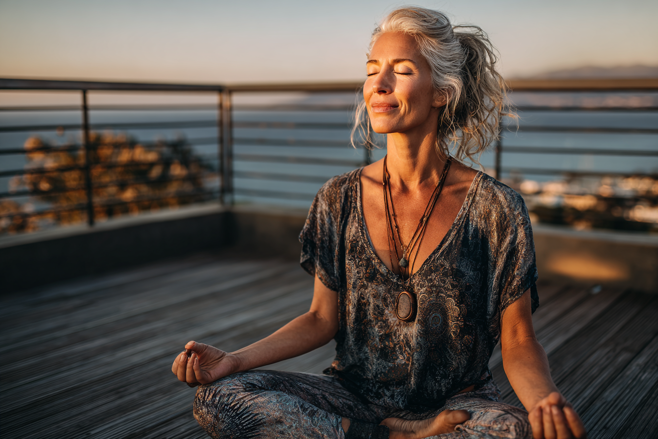 Жінка медитує на світанку